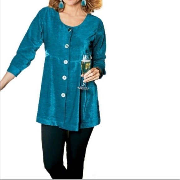 Soft Surroundings Fiona Chenille Velvet Button Front Peplum Blouse Teal M - Picture 1 of 5